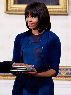 Michelle Obama royal blue dress and cardigan by American designer Reed Krakoff