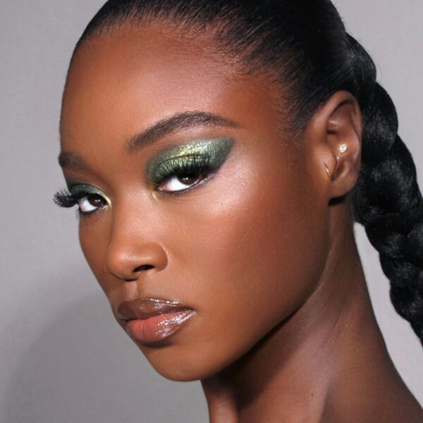 Model is wearing PAT McGRATH LABS Holiday 2024 Luminous Legends Eye Shadow Duo: Celestial Jade blingingbeauty.com