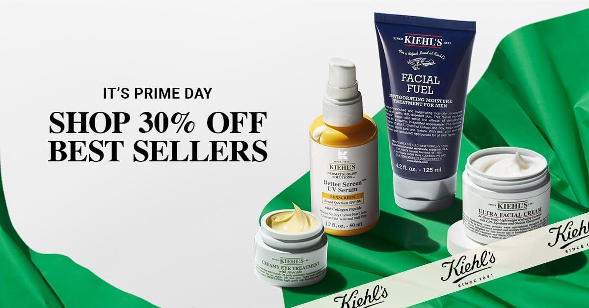 Kiehl’s Amazon Prime Big Deal Days 2026 sale featuring 30% off best sellers