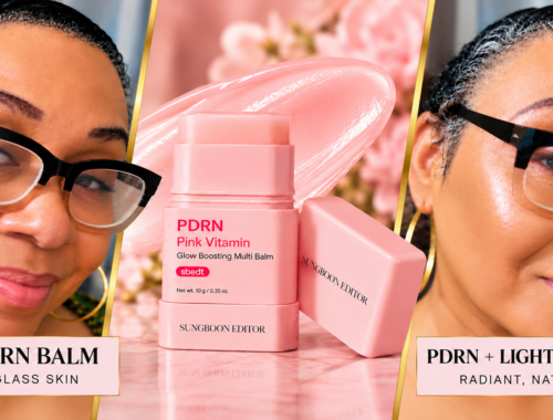 Blinging Beauty PDRN balm review banner showing skin with SUNGBOON EDITOR balm, the pink product, and skin with light foundation.