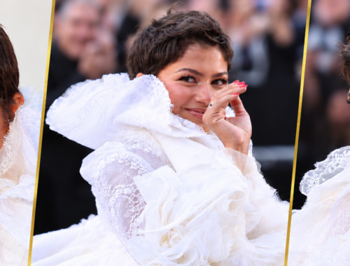 Three-photo editorial banner of Zendaya’s textured pixie hairstyle and white ruffled Louis Vuitton fashion show look, with a waving photo in the center