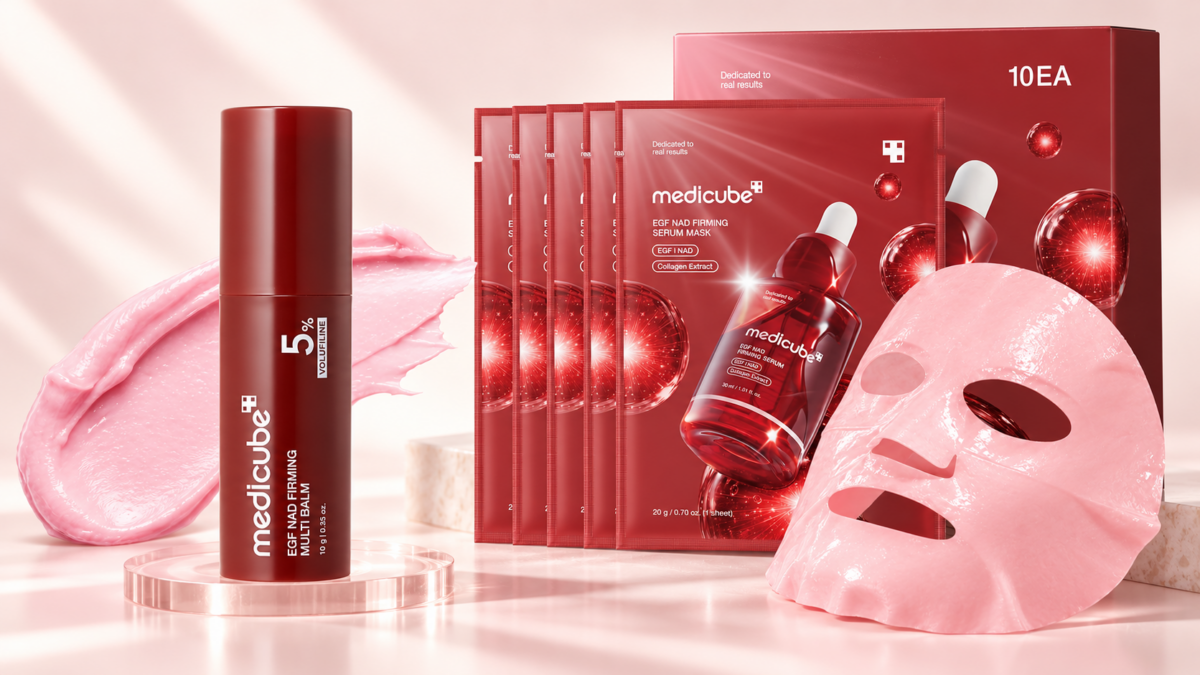Medicube EGF NAD Firming Multi Balm stick beside the EGF NAD Firming Serum Mask box, sachets, and sheet mask.