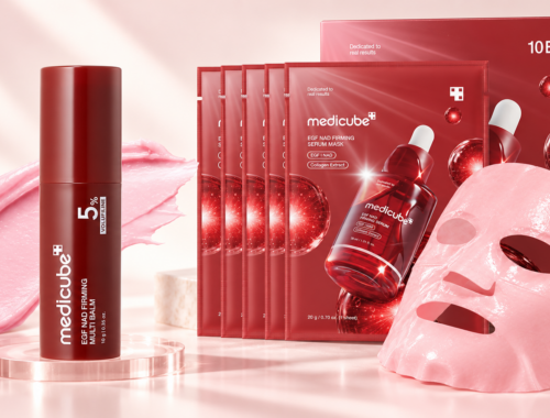 Medicube EGF NAD Firming Multi Balm stick beside the EGF NAD Firming Serum Mask box, sachets, and sheet mask.
